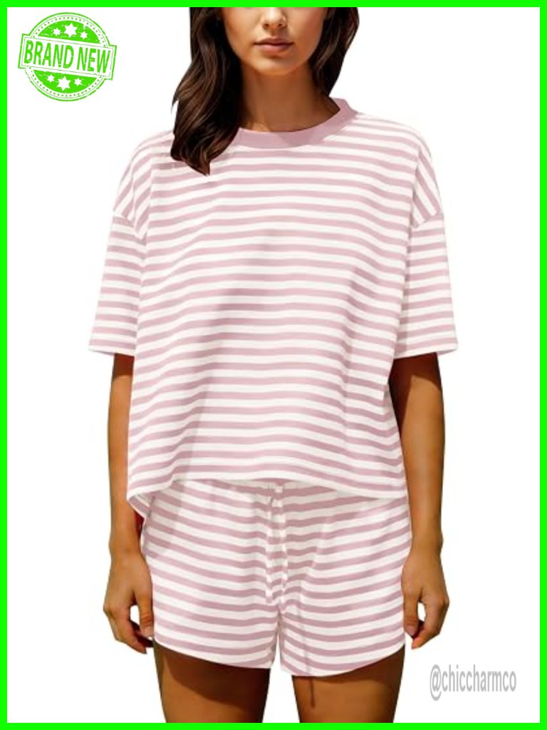 Cotton Blend Striped Lounge Set Short Sleeve Tee & Drawstring Wide Leg Shorts